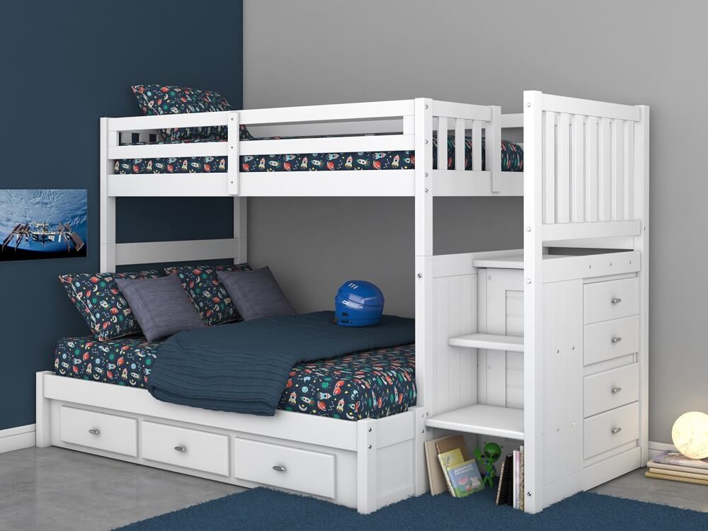 White Staircase Bunk Bed All American, Queen Bunk Bed With Steps