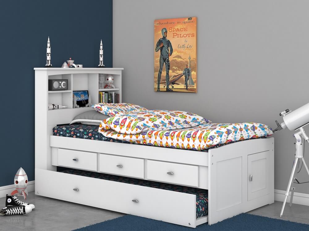 White Full Captains Bed All American, White Trundle Bed With Drawers And Bookcase
